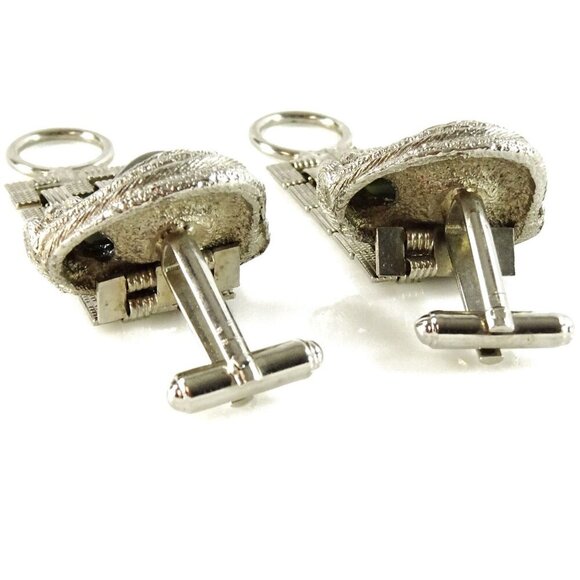 Chunky Vintage Wrap Around Mesh Cufflinks Silvertone Steampunk Green - Picture 4 of 5